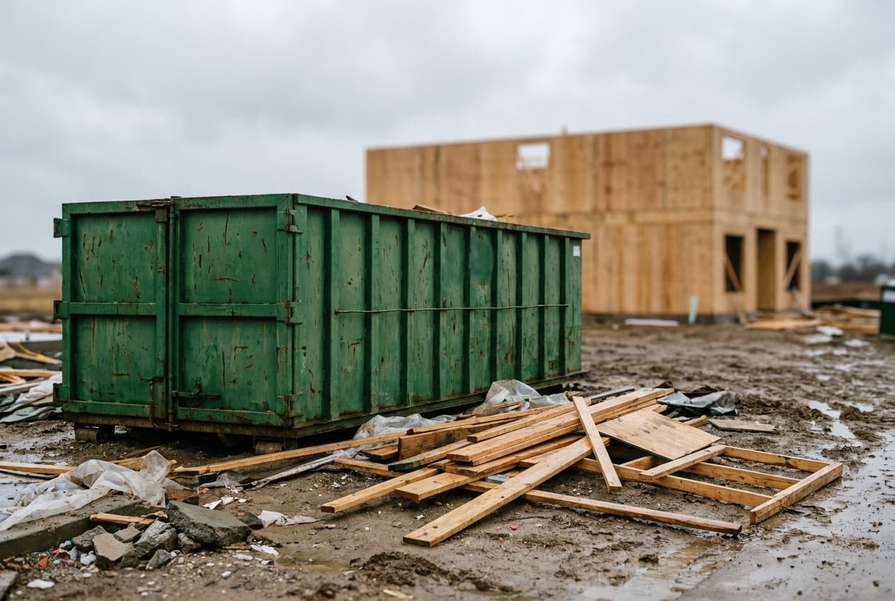 A green open-top roll-off container on an active construction jobsite with framing lumber and a house under construction