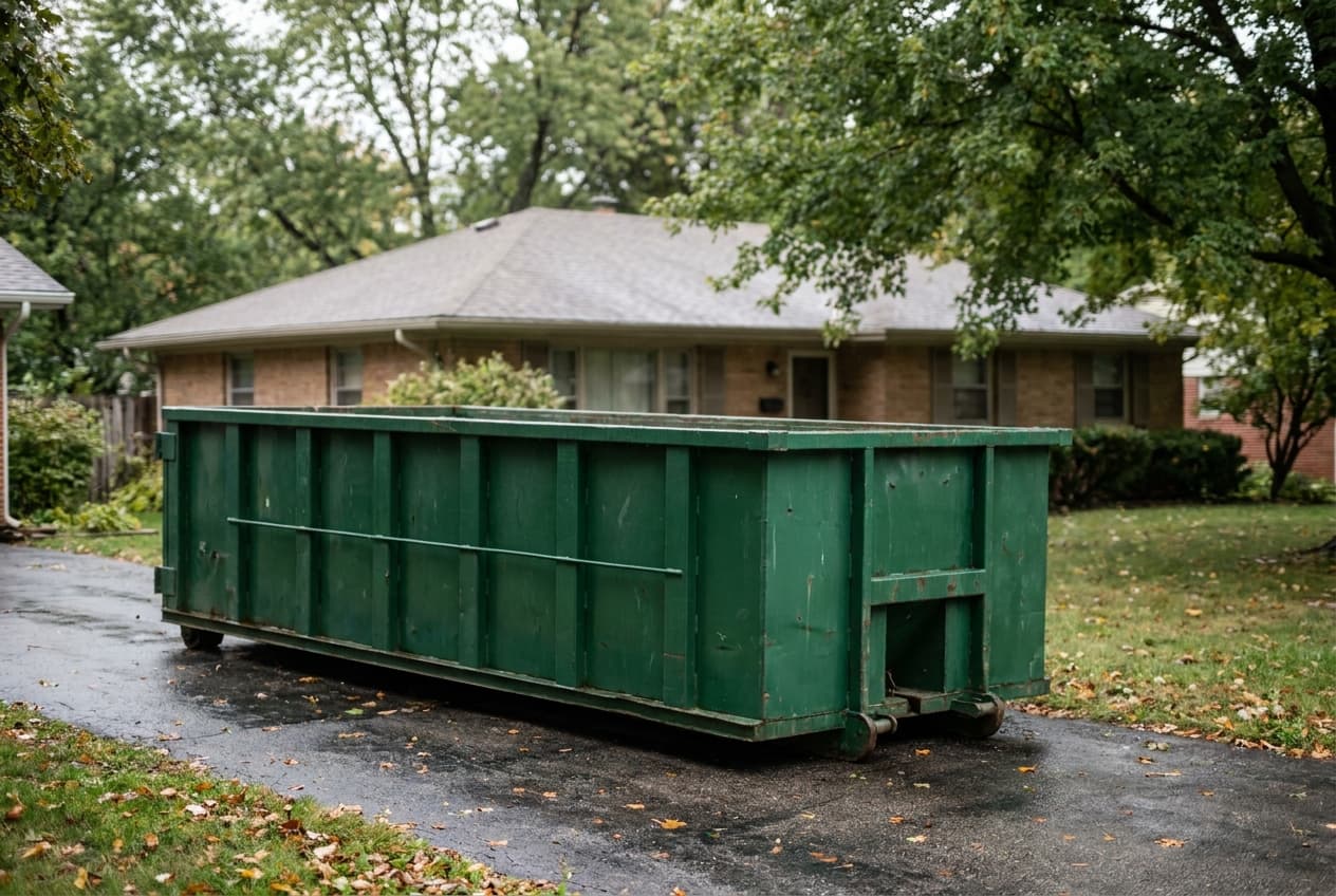 A green open-top roll-off dumpster parked on a residential driveway, the same container people call a roll-off, trash container, or big garbage bin
