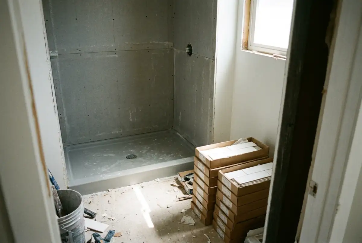 A bathroom mid-renovation with the old bathtub removed and a new tiled walk-in shower being installed