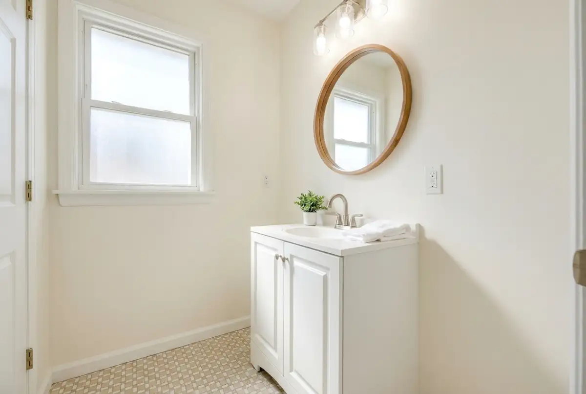 A refreshed small bathroom with a new vanity, light paint and new fixtures after a budget remodel