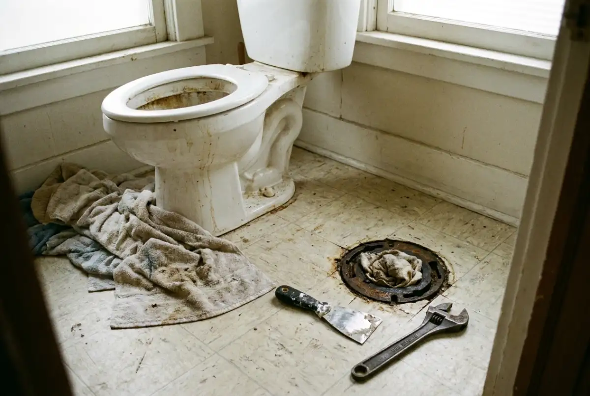 A toilet being removed from a bathroom floor with the water supply disconnected and tools nearby