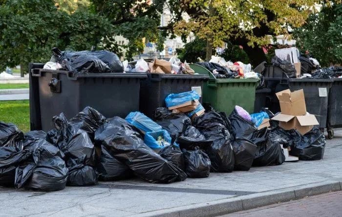 Cleanout in progress with boxes and bagged trash beside an open dumpster