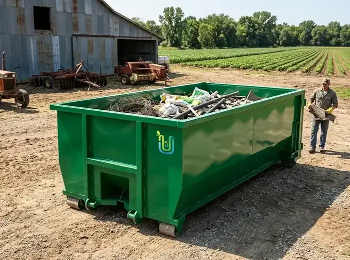 Green Ultimate Dumpsters roll-off loaded with old wire fencing and farm debris beside a barn and crop field