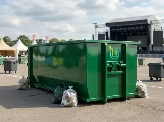 Green Ultimate Dumpsters roll-off on a festival ground with a main stage and event tents in the background