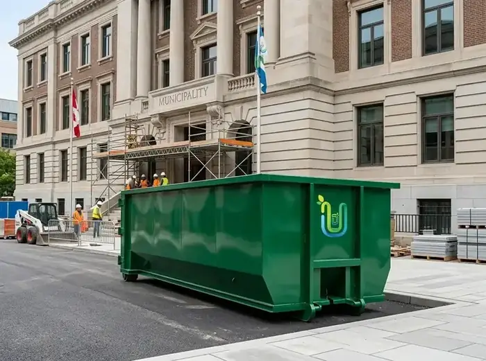 Green Ultimate Dumpsters roll-off staged in front of a municipal building with renovation scaffolding at its entrance