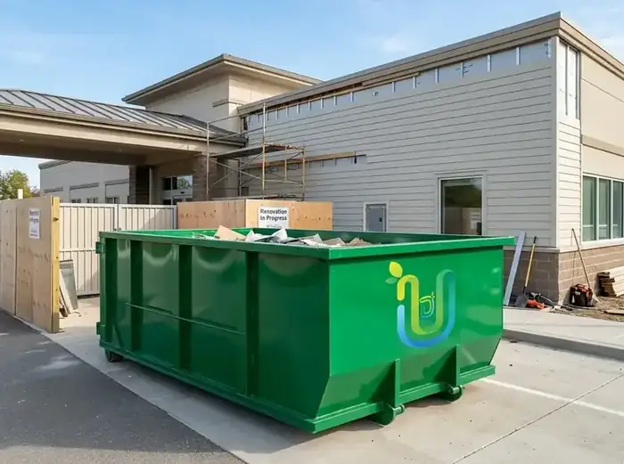 Green Ultimate Dumpsters roll-off holding renovation debris outside a medical building marked renovation in progress