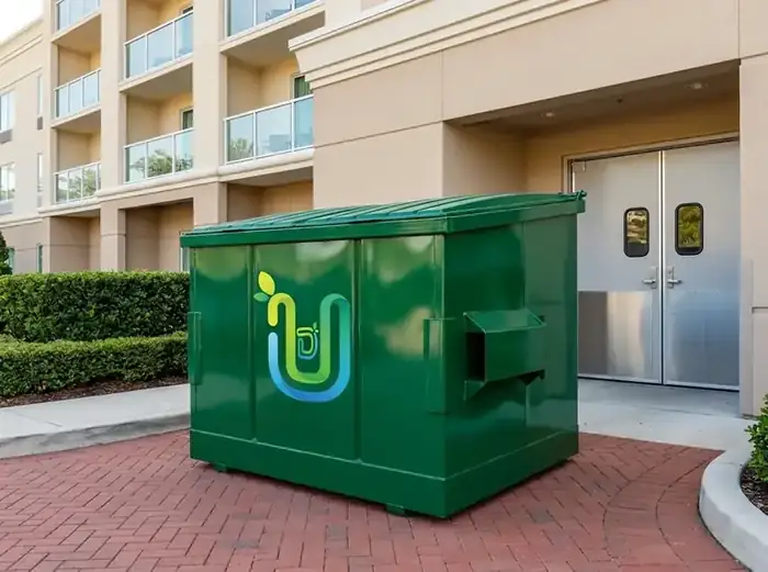 Green front-load dumpster beside the service entrance of a hotel with balconies above