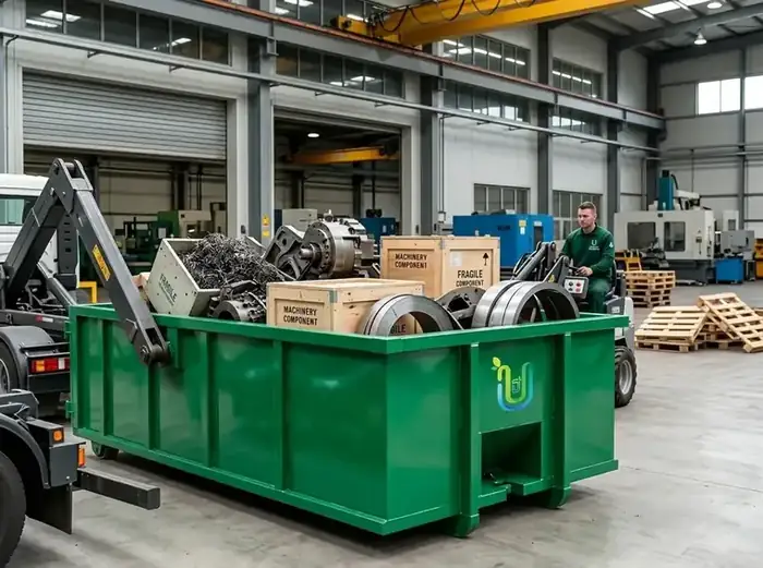 Green Ultimate Dumpsters roll-off loaded with machine parts and wooden crates inside a manufacturing plant