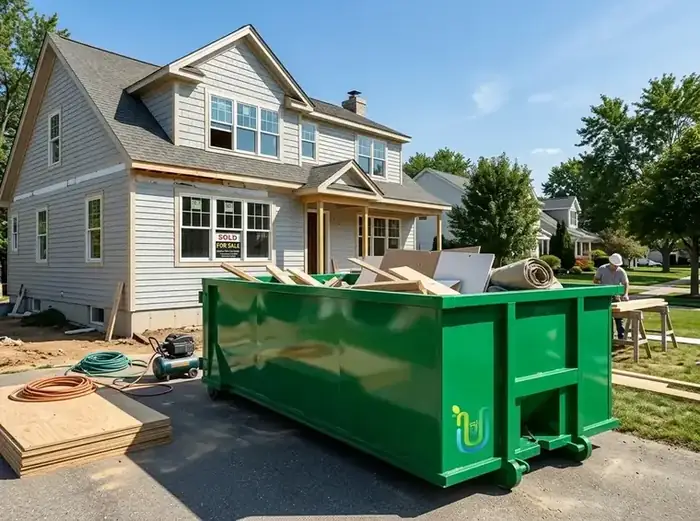 Green Ultimate Dumpsters roll-off with renovation debris in the driveway of a house with a sold sign in the window