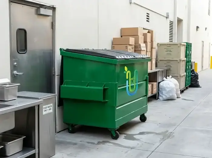 Green front-load dumpster beside a restaurant back door with boxes and food-service bins staged nearby