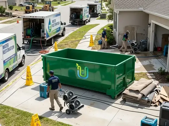 Water restoration crew staging drying equipment around a green Ultimate Dumpsters roll-off outside a flood-damaged home