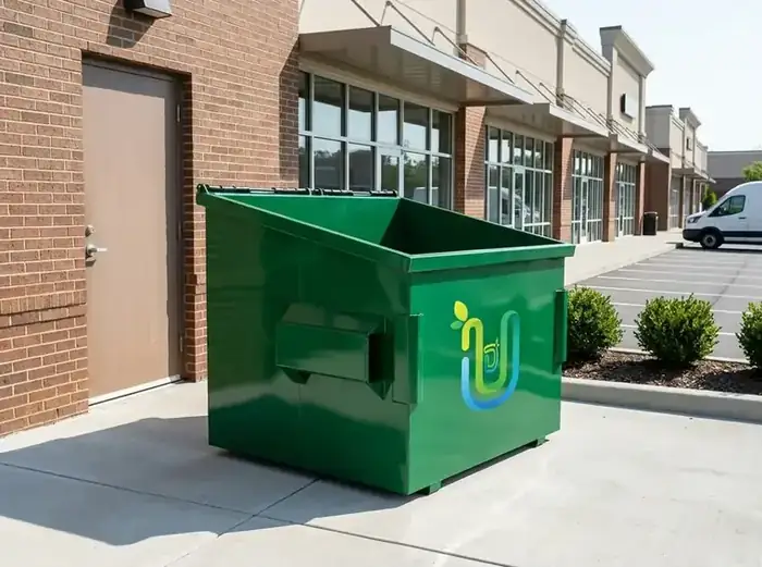 Green front-load dumpster on the sidewalk behind a row of brick retail storefronts