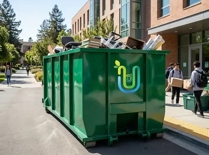 Green Ultimate Dumpsters roll-off filled with dorm furniture on a campus walkway as students carry boxes past