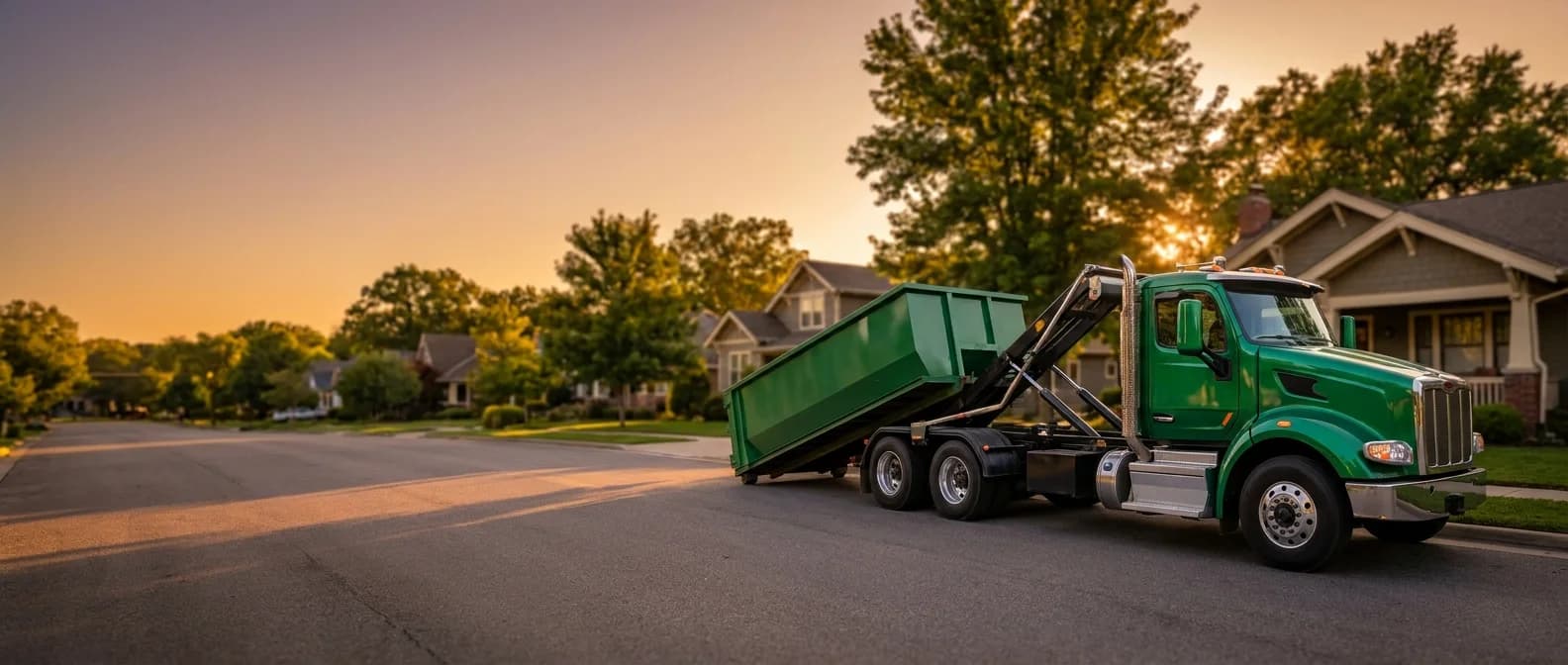 A green roll-off dumpster truck delivering a container to a suburban American street at golden hour