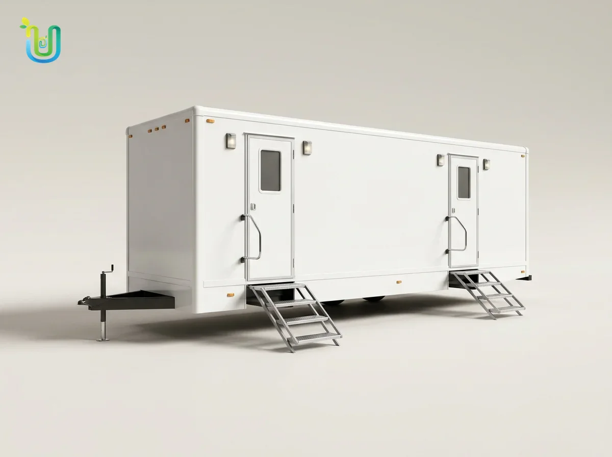 Luxury restroom trailer exterior with two private entrances and fold-down steps