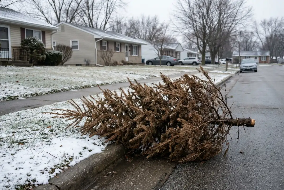 A bare Christmas tree with no lights or ornaments lying at the curb of a snowy suburban street in January, ready for city pickup