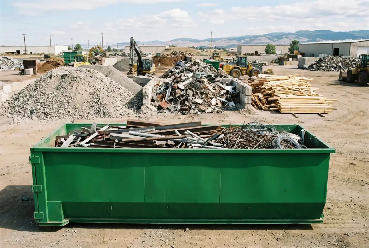 A recycling yard with separate piles of crushed concrete, scrap metal and clean lumber, and a roll-off holding sorted scrap metal