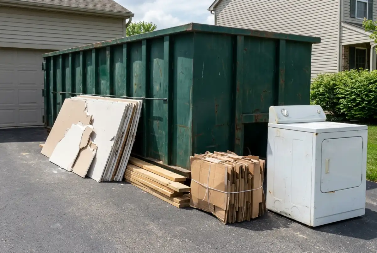 A roll-off dumpster on a driveway with drywall, lumber, bundled cardboard and an old dryer sorted beside it before loading