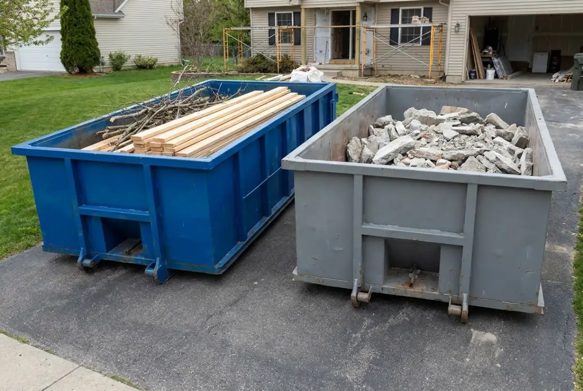 Two roll-off dumpsters on a driveway during a renovation, one holding only clean wood and branches, the other holding only broken concrete
