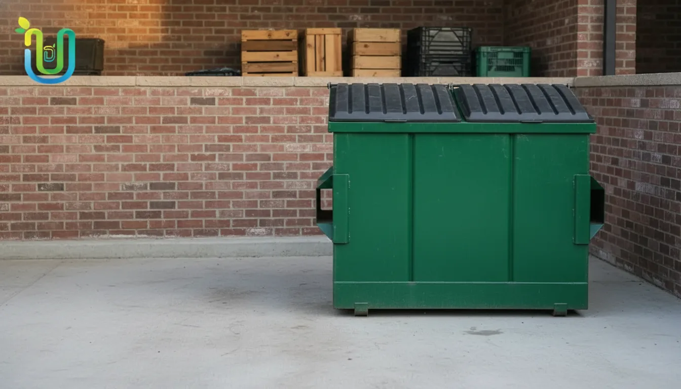 Green front-load commercial dumpster with closed lids in a clean brick enclosure behind a restaurant