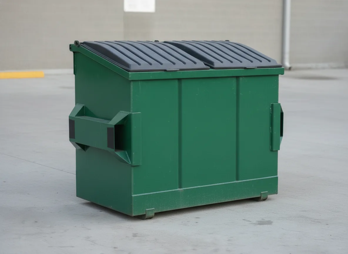 Unbranded 6-yard front-load commercial dumpster with black lids, 6 feet long by 6 feet wide by 5 feet high