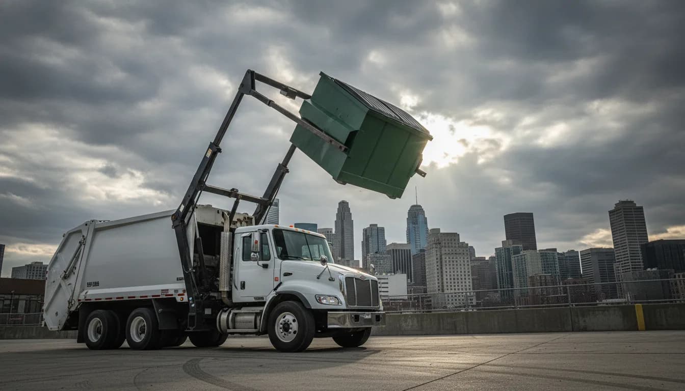 Front-load garbage truck lifting a green commercial dumpster against a city skyline