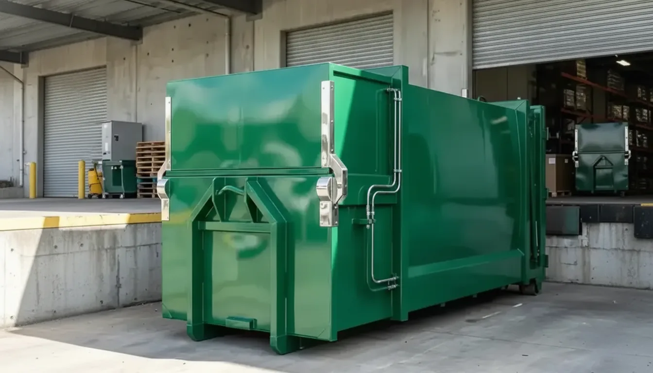 Stationary industrial trash compactor installed at a loading dock behind a commercial building