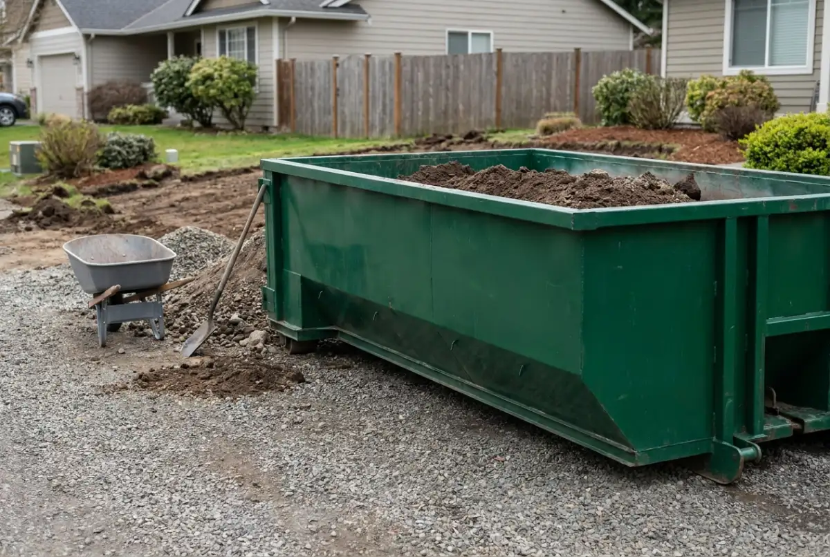 A 10 yard roll-off dumpster on a gravel driveway, about half full of clean fill dirt, with a shovel and wheelbarrow beside it