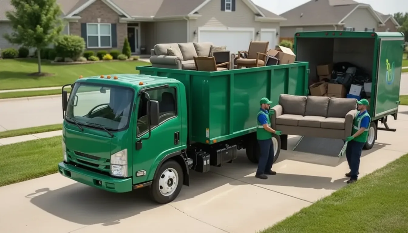 Junk removal crew loading furniture and household items into a truck in a residential driveway