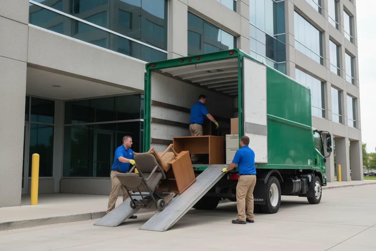 Crew removing old desks and office furniture from a commercial office space