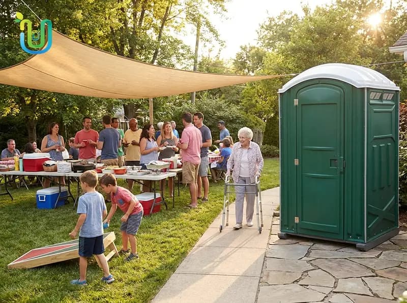 Family with a stroller using an ADA-accessible portable restroom at an outdoor gathering