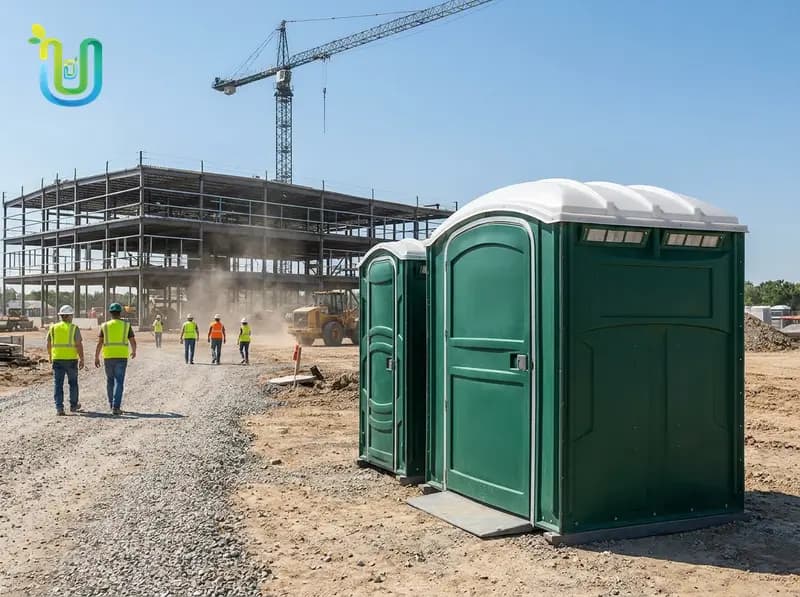 ADA-accessible portable toilet on an active construction jobsite next to equipment