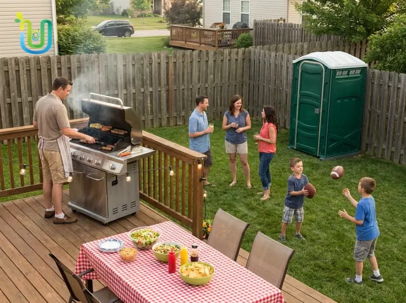 Portable toilet at a backyard barbecue keeping guests out of the house