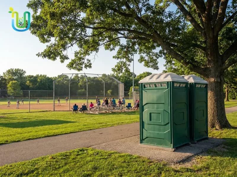 Portable toilet serving a months-long outdoor project site, kept fresh by weekly routed service