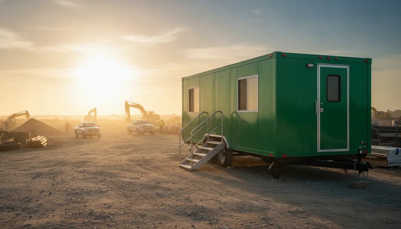 Portable office trailer leveled and blocked on a jobsite with steps set at the entry door