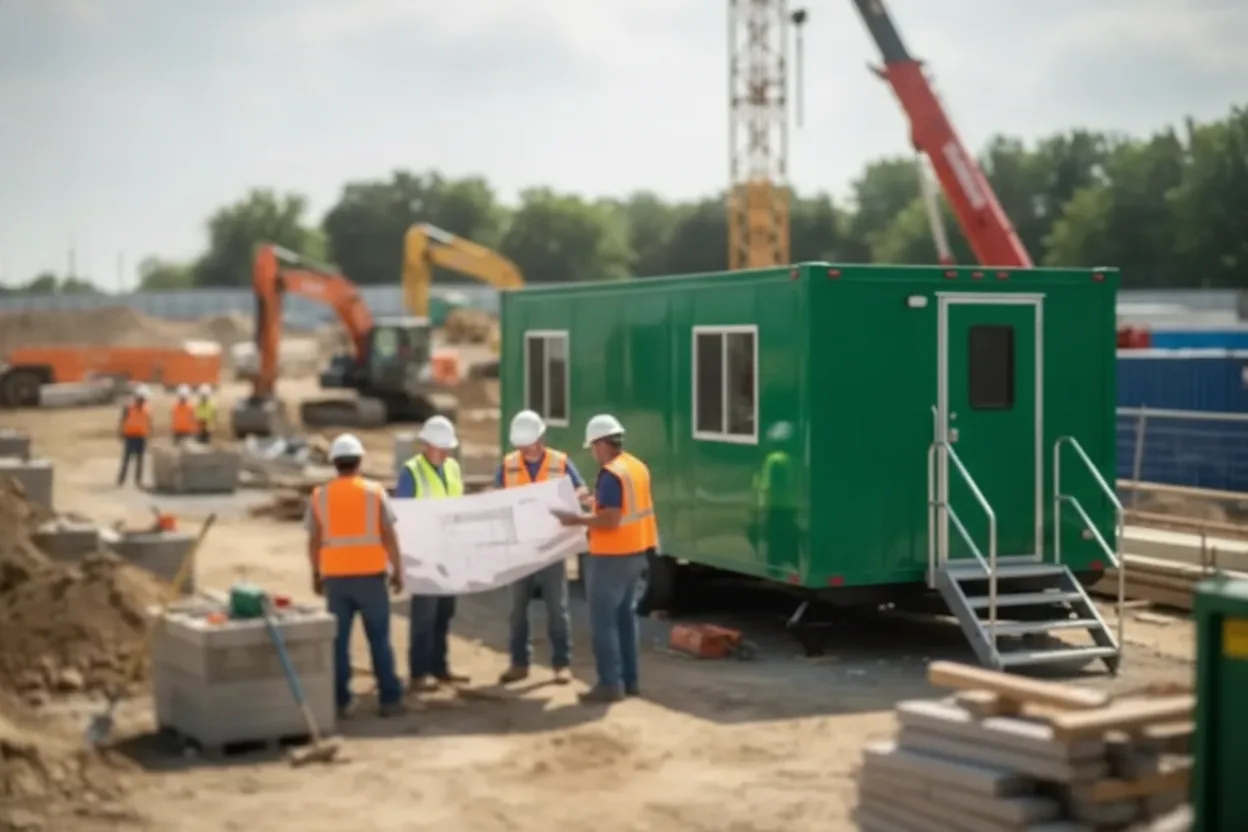 Portable office trailer set up at an active construction site with equipment in the background