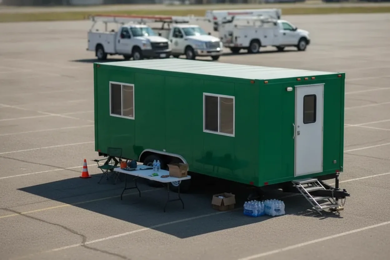 Portable office trailer serving as a command center in a disaster recovery staging area