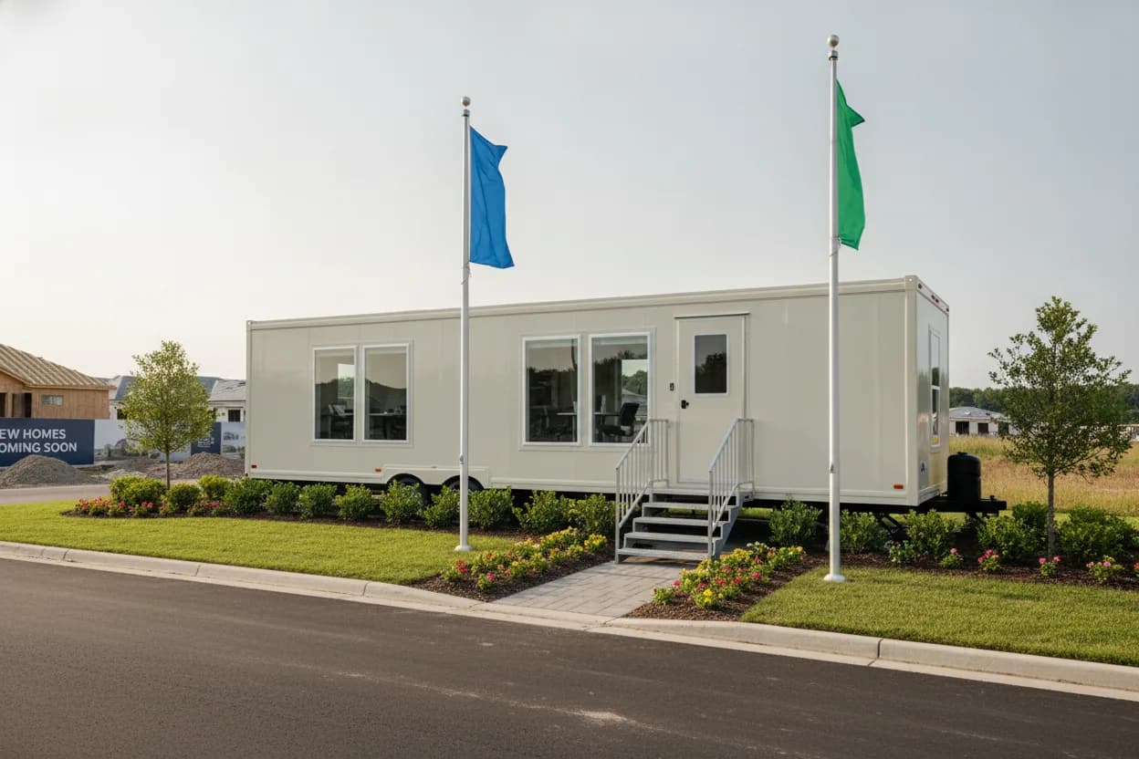 Portable sales office trailer at a new home development with a walkway and signage