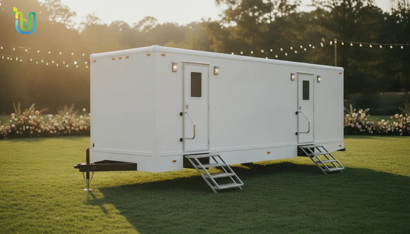 Luxury restroom trailer with private entrances set up on a manicured lawn at an outdoor event
