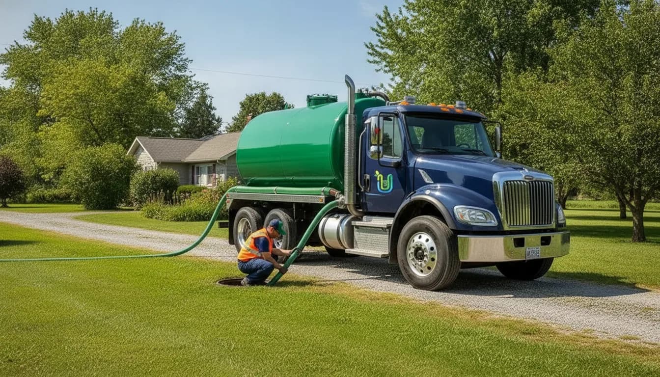 Septic pumping truck with vacuum hose connected to an open residential septic tank in a green yard