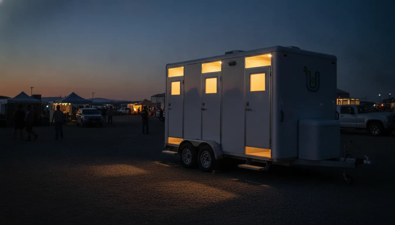 Multi-stall portable shower trailer set up on site with entry steps and hookups connected