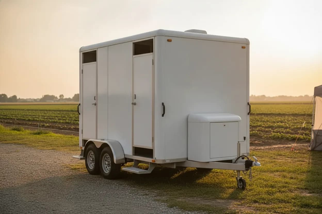 Shower trailer positioned at a farm operation for seasonal workers