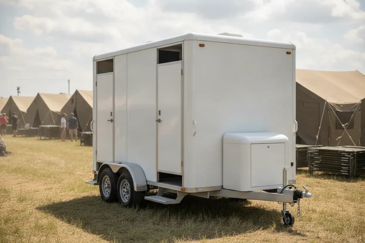 Shower trailer deployed at a disaster relief staging area for responders and displaced residents