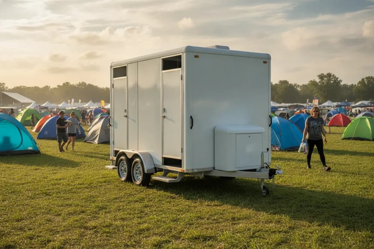 Shower trailer serving campers at a multi-day outdoor festival