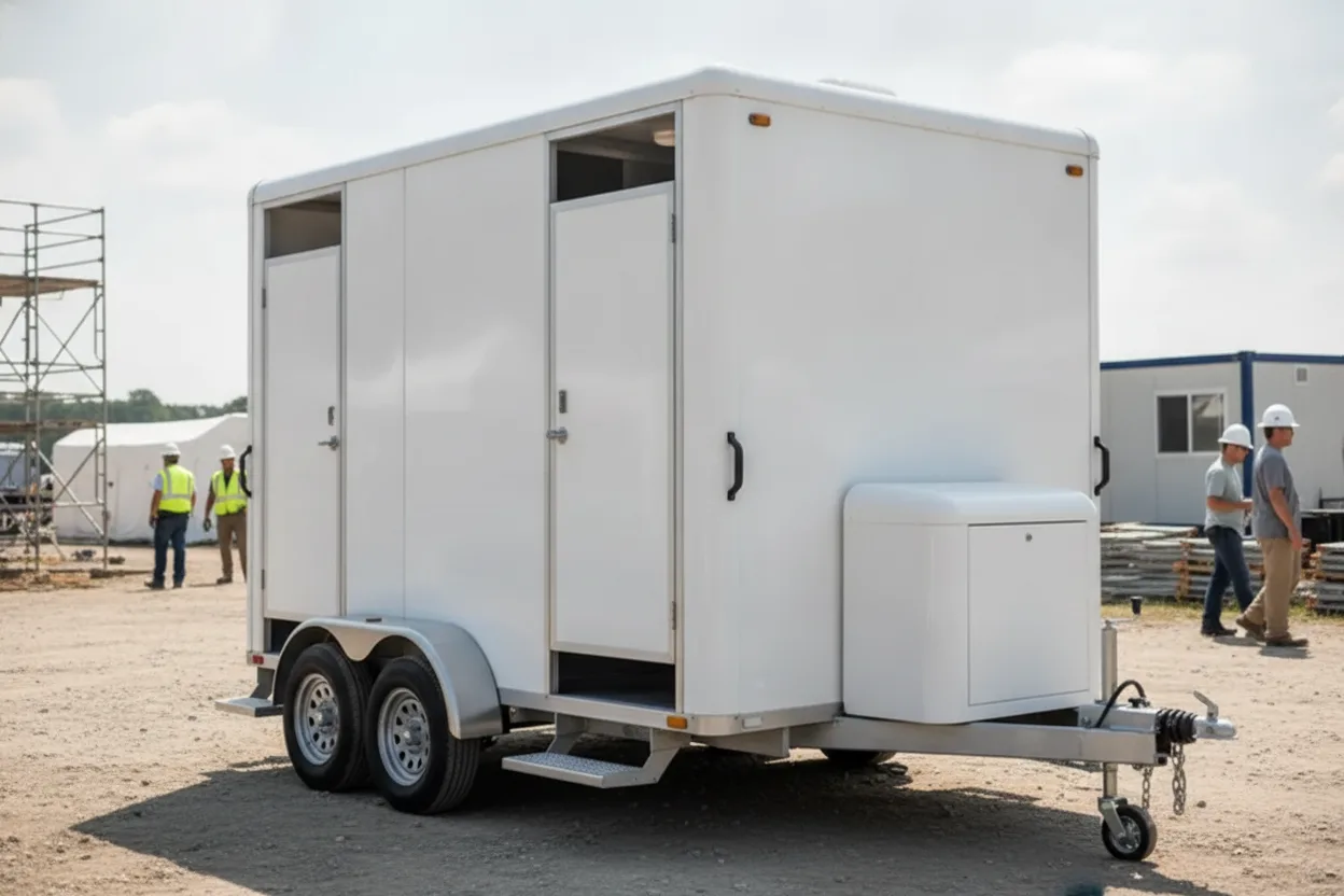 Shower trailer set up at a remote work camp for a construction crew
