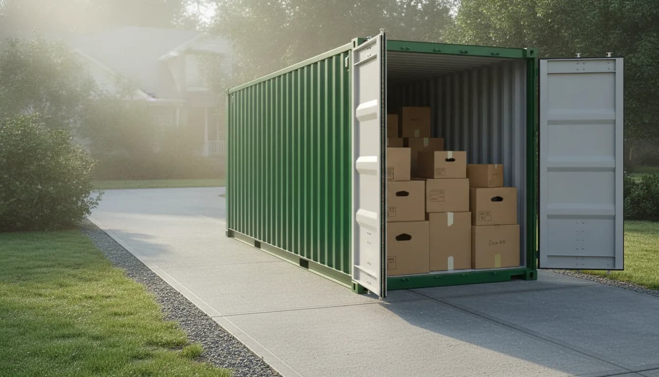 Weathertight steel storage container placed at ground level on a residential driveway