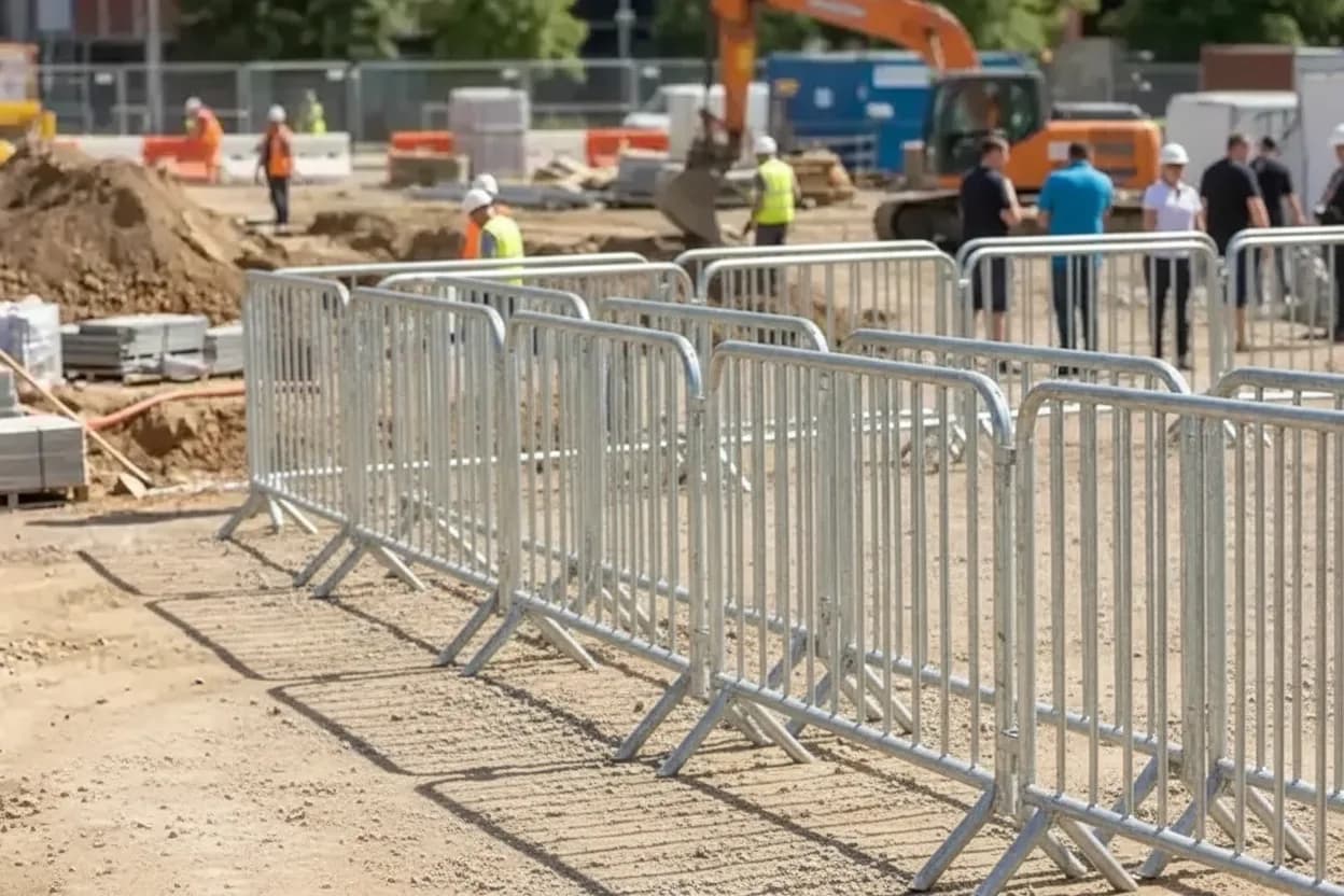Interlocking steel crowd-control barricades with flat feet linked into a continuous line
