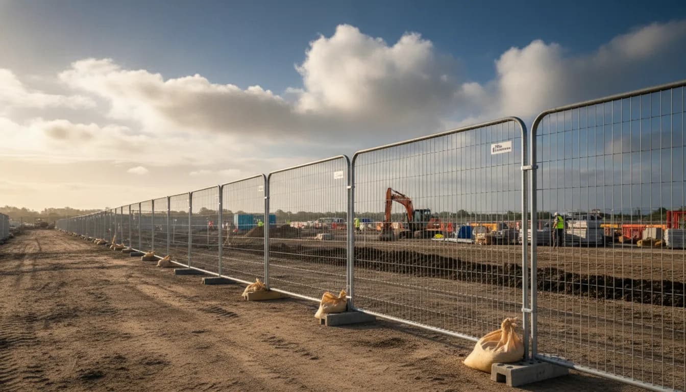 Temporary chain-link fence panels on weighted bases securing the perimeter of a construction site
