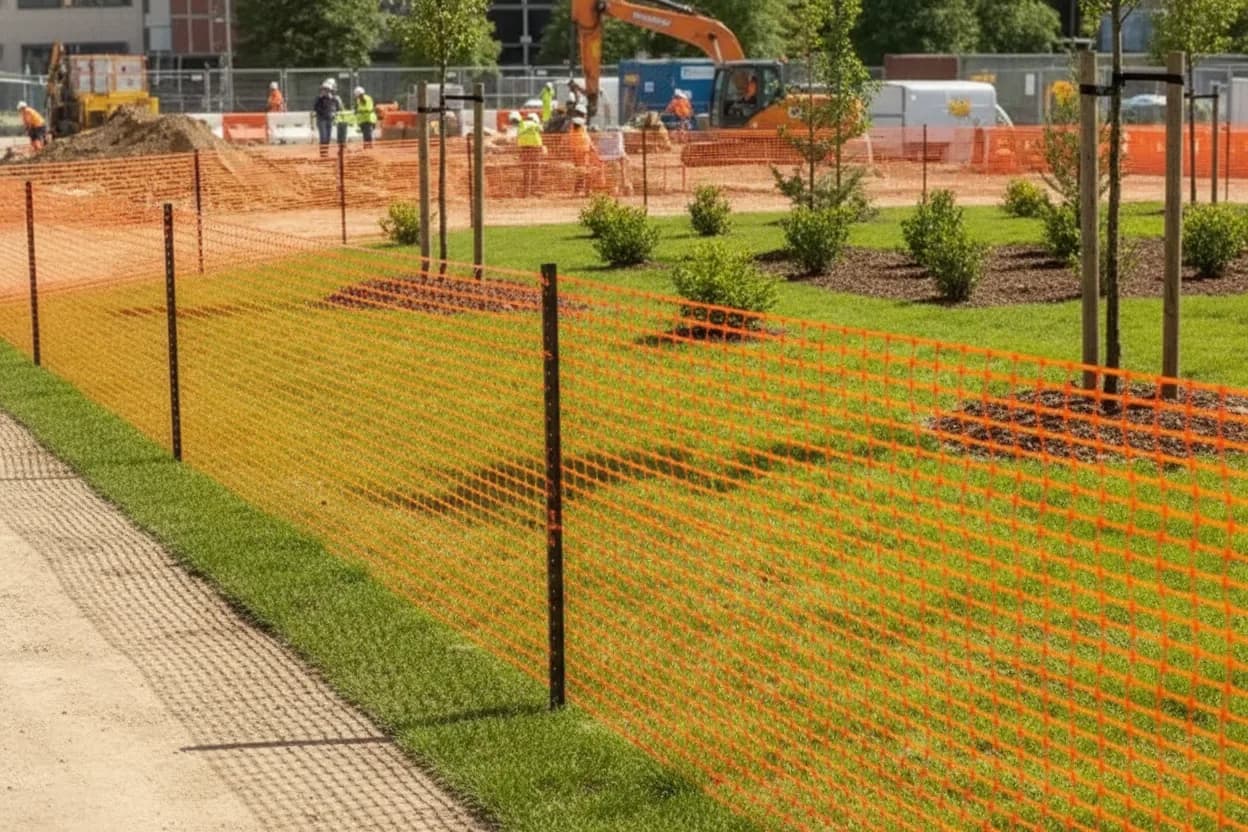 High-visibility orange mesh safety fencing mounted on steel T-posts along a work zone boundary