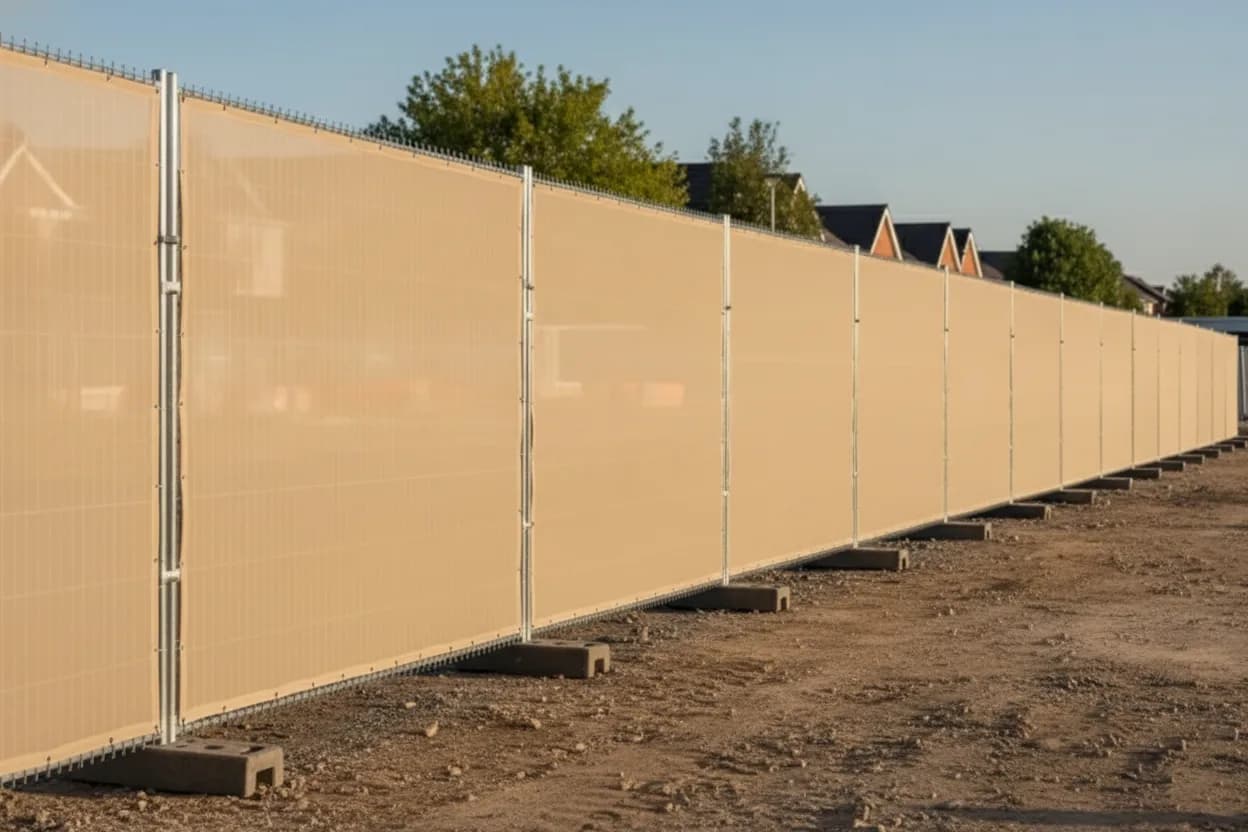 Chain-link fence panels fitted with privacy screen fabric along a jobsite perimeter